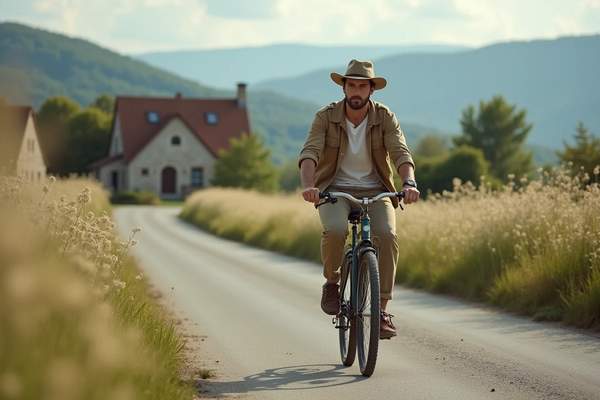 Jeune homme à vélo dans la campagne paisible