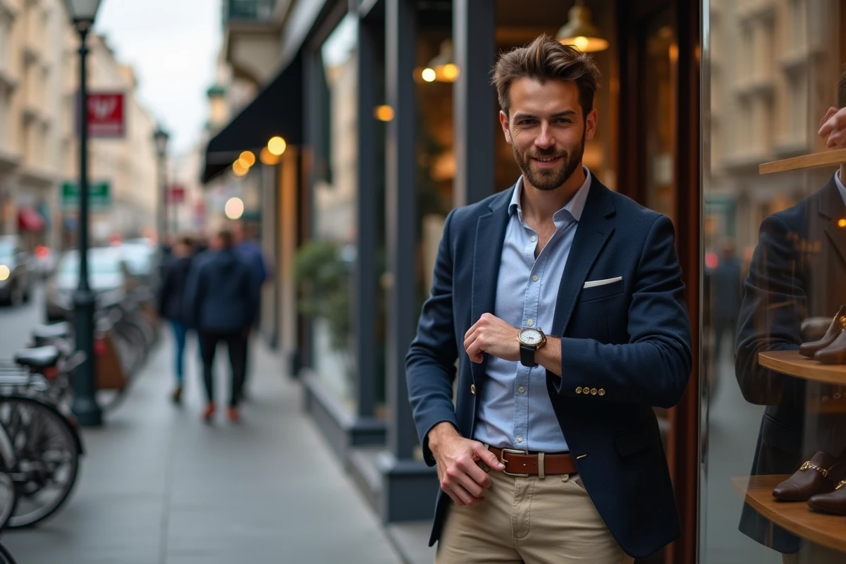 Jeune homme essayant des accessoires en ville