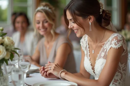 Jeune mariée en robe ivoire attachant un bracelet photo à sa grand-mère