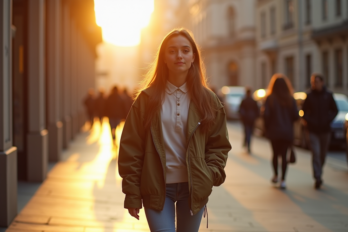 Jeune mannequin urbain marche en ville au coucher du soleil