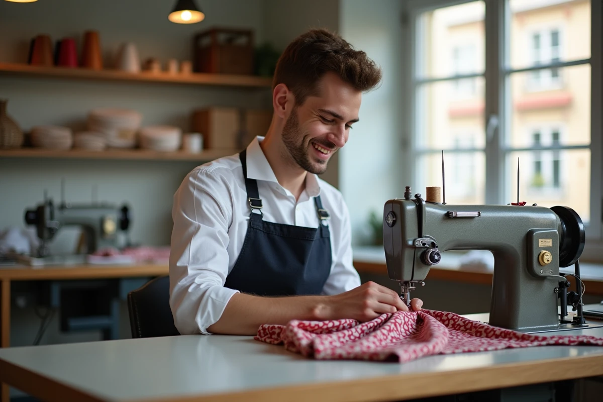 Jeune tailleur souriant travaillant &agrave; la machine &agrave; coudre