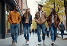 Groupe de jeunes adultes souriants dans la ville moderne