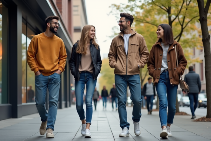 Groupe de jeunes adultes souriants dans la ville moderne