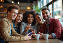 Jeune groupe d'influenceurs prenant des selfies dans un café moderne