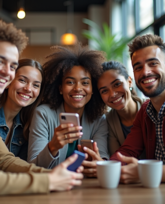Jeune groupe d'influenceurs prenant des selfies dans un café moderne