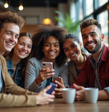 Qui sont les influenceurs qui dominent le monde aujourd’hui Jeune groupe d'influenceurs prenant des selfies dans un café moderne