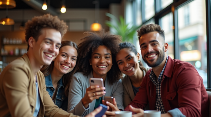 Jeune groupe d'influenceurs prenant des selfies dans un café moderne
