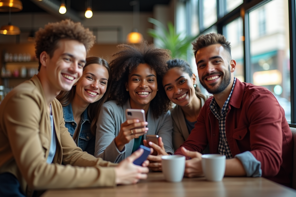 Jeune groupe d'influenceurs prenant des selfies dans un café moderne