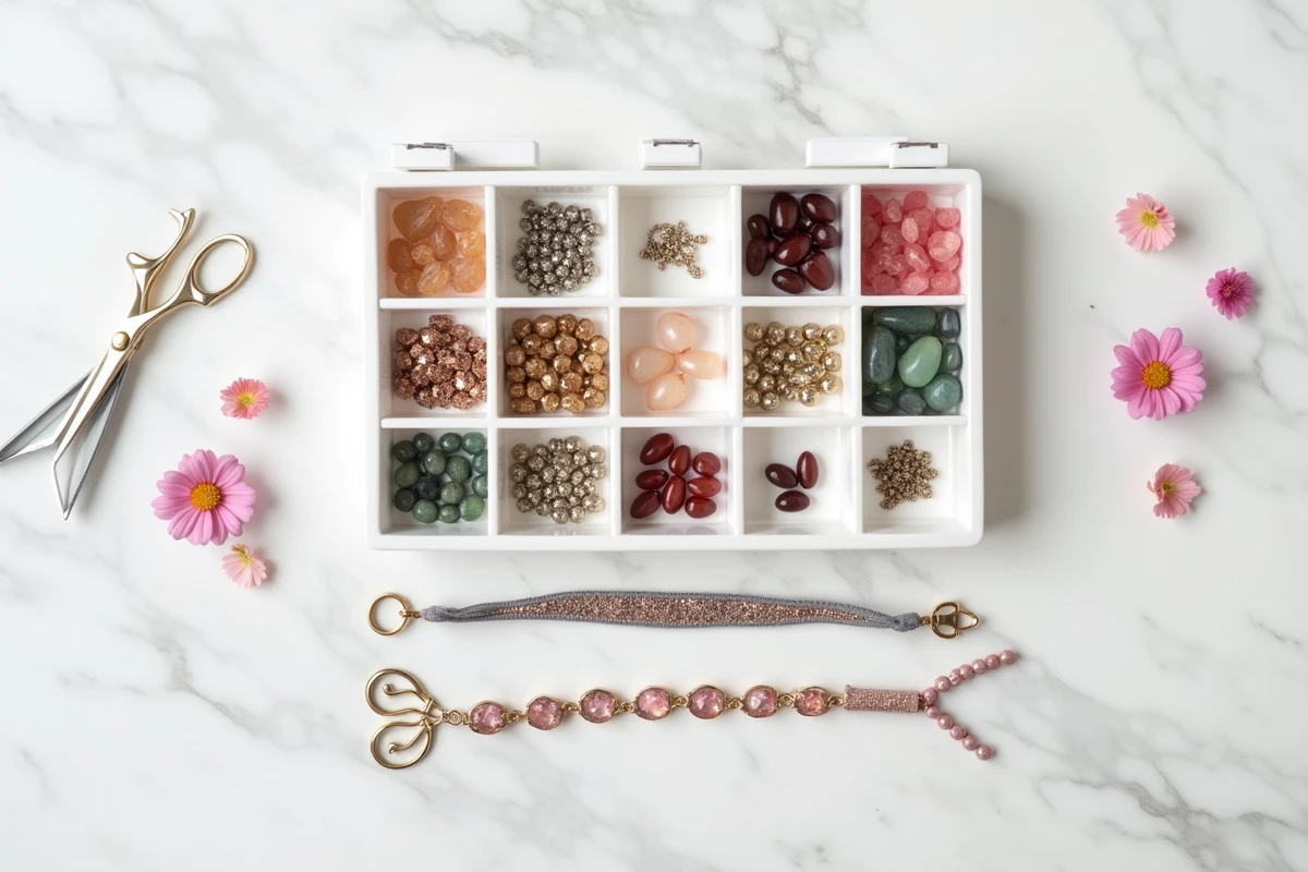 Kit de fabrication de bracelets personnalisés déployé sur marbre blanc avec perles, breloques et fils en vue de dessus