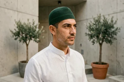 Homme portant un kufi vert forêt moderne avec motif géométrique tissé, tendance chapeau musulman 2026