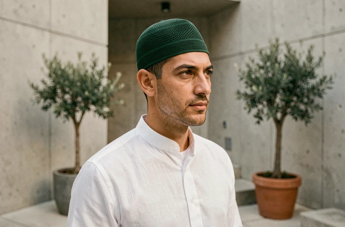 Homme portant un kufi vert forêt moderne avec motif géométrique tissé, tendance chapeau musulman 2026