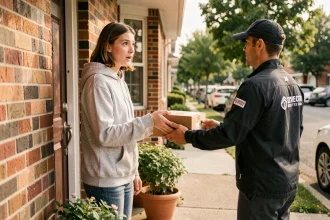 Jeune femme recevant un colis Shein à sa porte le dimanche matin de la part d'un livreur
