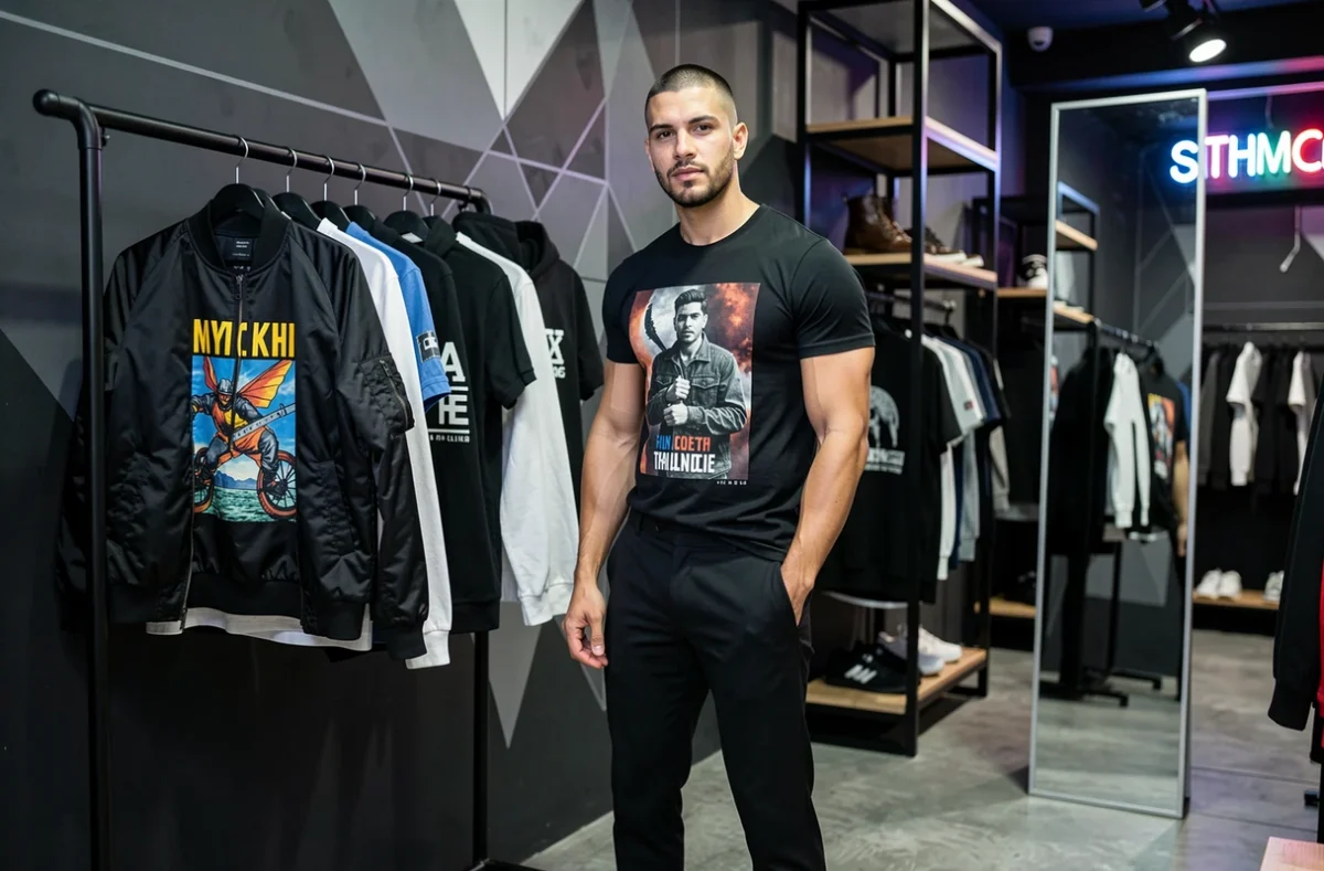 Boutique Magnetic Men à Marseille avec une sélection de mode masculine audacieuse sur des portants industriels noirs dans un intérieur urbain sombre