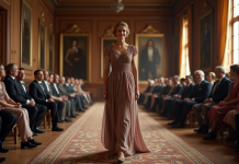 Mannequin élégante en robe classique dans un salon européen