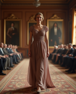 Mannequin élégante en robe classique dans un salon européen