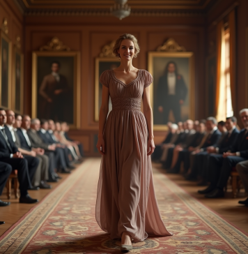 Origine du défilé : qui l’a inventé et pourquoi ? Histoire et anecdotes Mannequin élégante en robe classique dans un salon européen