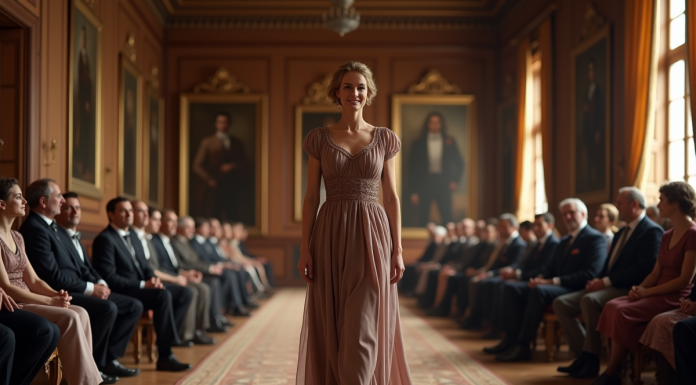Mannequin élégante en robe classique dans un salon européen