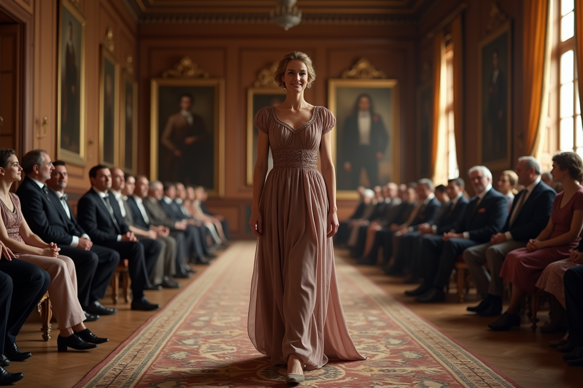 Mannequin élégante en robe classique dans un salon européen