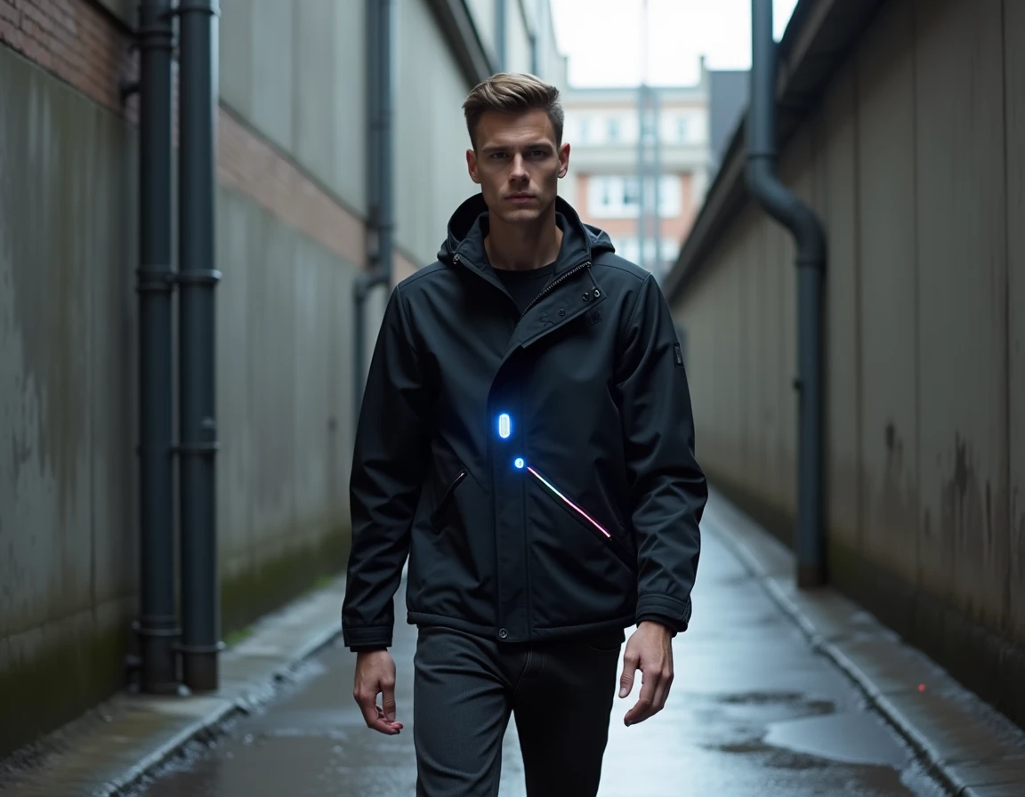 Mannequin masculin portant une veste haute couture avec micro-panneaux LED intégrés dans un tissu technique, dans un environnement urbain contemporain