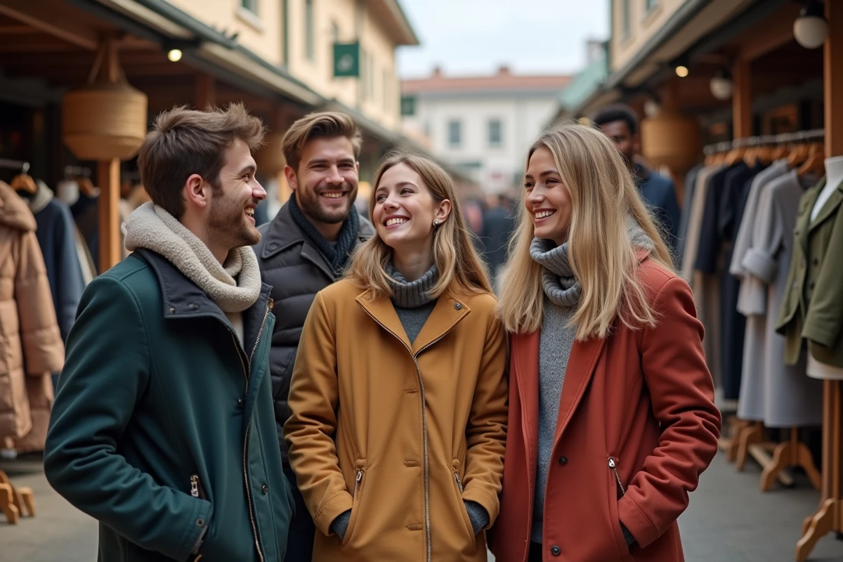 Groupe de jeunes discutant de leurs vêtements dans un marché en plein air