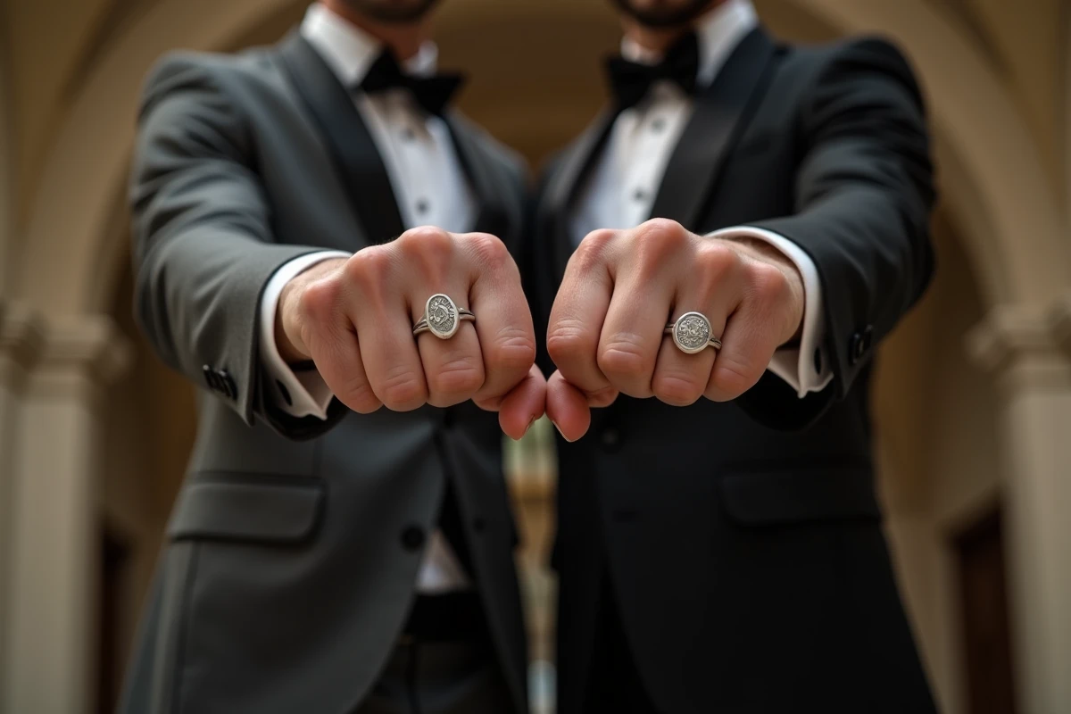 Marié et témoin portant des bijoux homme personnalisés avec gravure lors d'un mariage en château