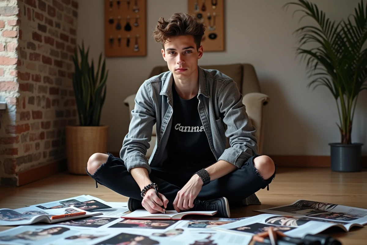 Jeune homme créant un mood board pour développer son style emo, entouré de magazines, d'accessoires punk et d'un carnet de croquis pour planifier son look alternatif
