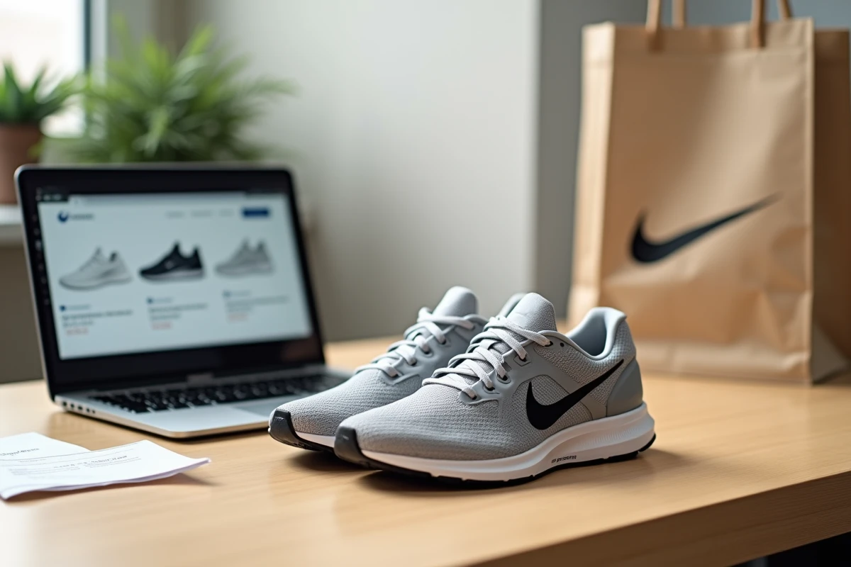 Paire de Nike Pegasus neuve posée sur un bureau avec un ordinateur portable ouvert sur un site de comparaison de chaussures