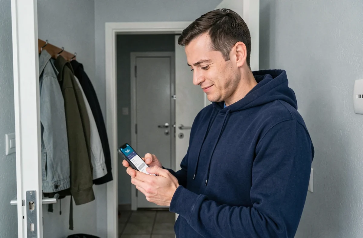 Homme vérifiant une notification de livraison Shein sur son smartphone devant la porte d'entrée de son appartement