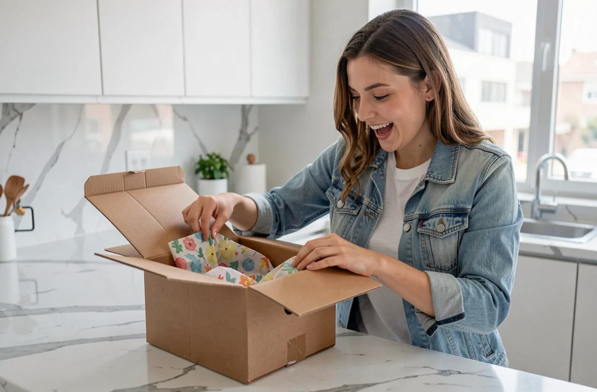 Jeune femme ouvrant un colis Shein livré à domicile sur le plan de travail de sa cuisine