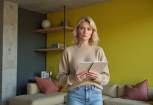 Femme réfléchissant à une palette de couleurs dans un salon moderne