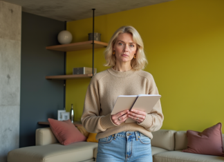 Tendance couleurs 2025 : couleur la moins aimée selon experts déco Femme réfléchissant à une palette de couleurs dans un salon moderne