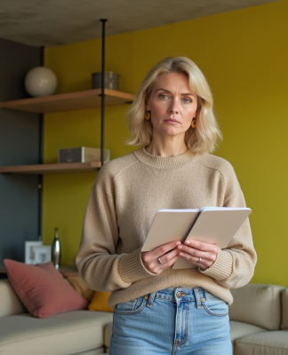 Femme réfléchissant à une palette de couleurs dans un salon moderne