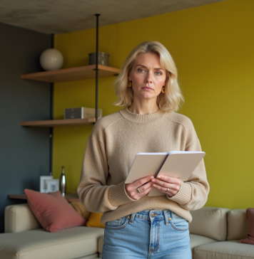 Tendance couleurs 2025 : couleur la moins aimée selon experts déco Femme réfléchissant à une palette de couleurs dans un salon moderne