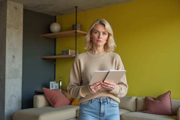 Femme réfléchissant à une palette de couleurs dans un salon moderne