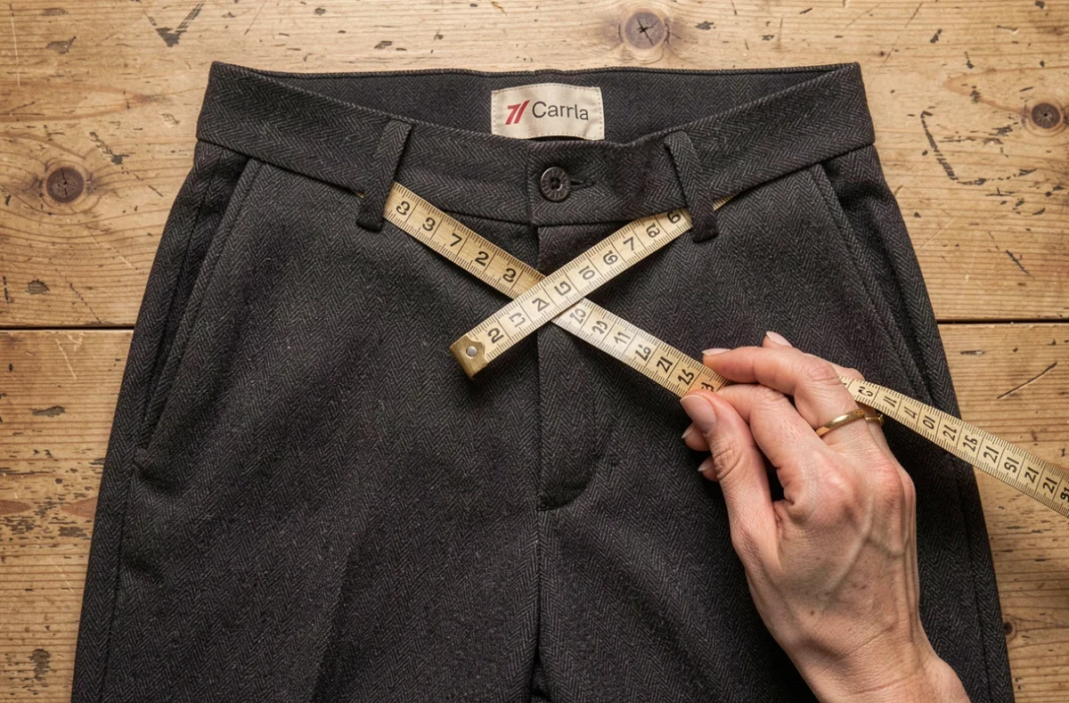 Pantalon taille 42 posé à plat avec un mètre ruban mesurant la ceinture pour vérifier les mensurations