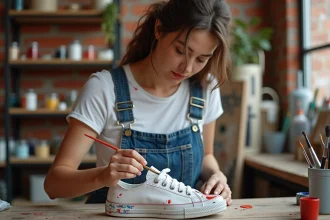 Jeune femme peignant une sneaker blanche avec de la peinture acrylique dans un atelier de personnalisation streetwear