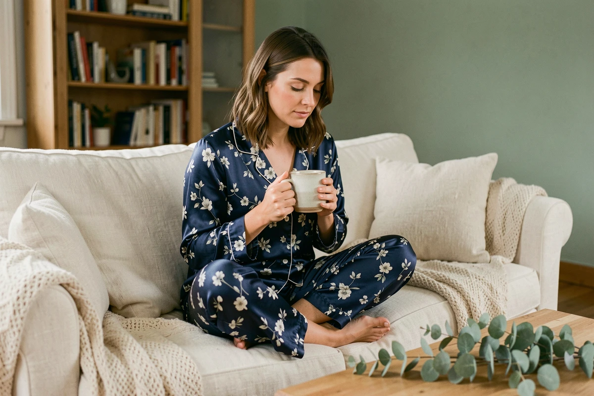 Femme portant un pyjama satiné floral bleu nuit style fleur de nuit, assise sur un canapé cocooning en lin ivoire avec une tasse de thé