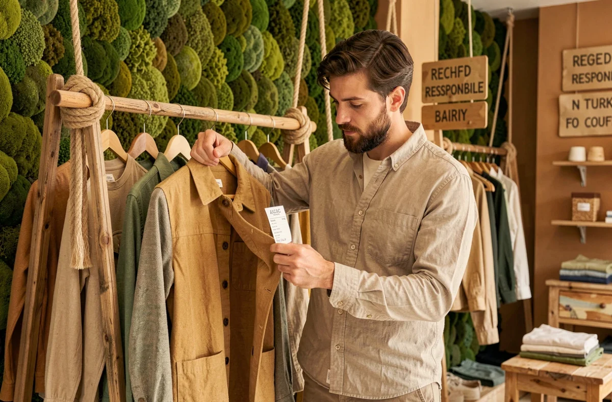 Boutique Raisonnable à Marseille spécialisée dans la mode homme écoresponsable avec des vêtements en matières organiques sur des portants en bois recyclé
