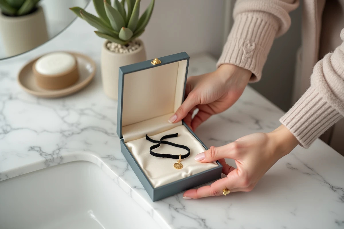 Rangement d'un collier choker en velours noir dans une boîte à bijoux satinée sur marbre blanc