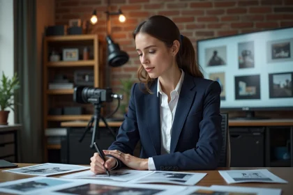 Femme professionnelle examinant des photos imprimées dans un studio de photographie moderne, illustrant la recherche d'images authentiques en ligne
