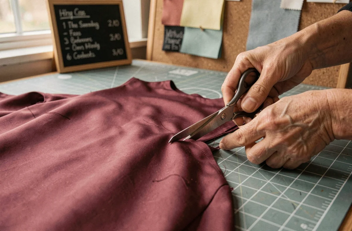 Gros plan sur une retoucheuse coupant du tissu en soie avec un tarif de retouche affiché en arrière-plan