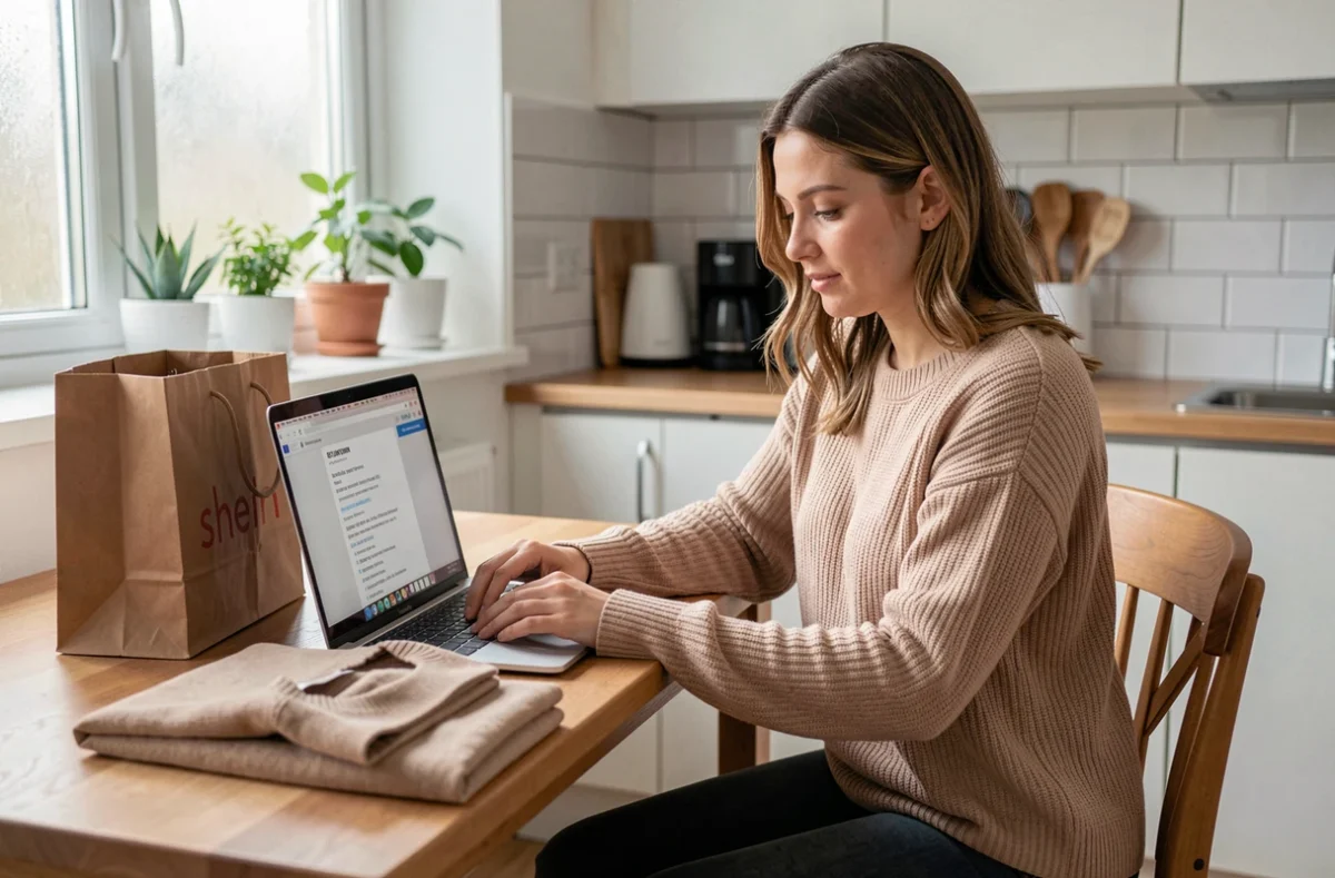 Femme consultant le service client Shein sur son ordinateur pour effectuer un retour de commande