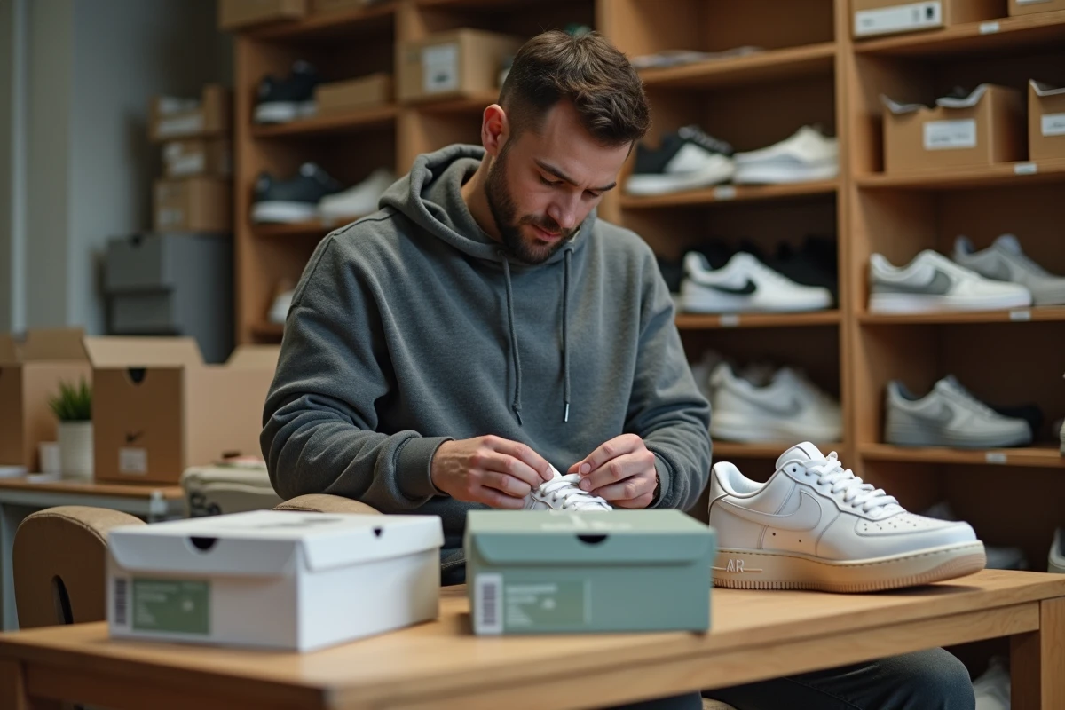Revendeur de sneakers inspectant des Nike Air Force 1 pour détecter des contrefaçons dans une boutique de revente