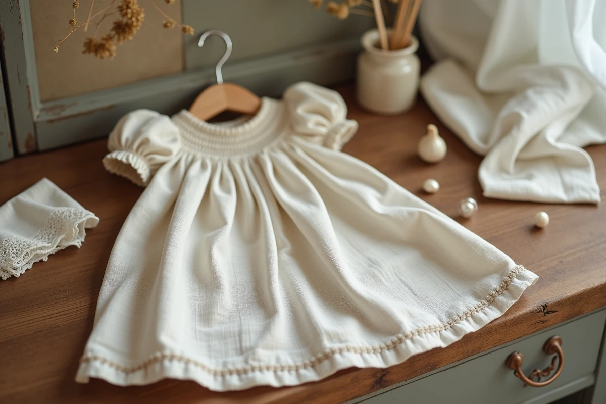 Robe de baptême bébé en lin naturel posée sur une coiffeuse en bois vintage dans une chambre de bébé, détail de la texture du tissu lin et des petites fleurs séchées