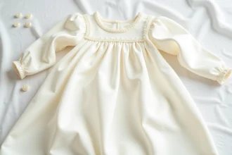 Robe de baptême bébé en satin ivoire vue de dessus, posée à plat sur une surface en lin blanc, détail de la texture du tissu et des boutons nacrés