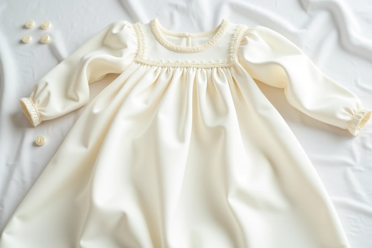Robe de baptême bébé en satin ivoire vue de dessus, posée à plat sur une surface en lin blanc, détail de la texture du tissu et des boutons nacrés