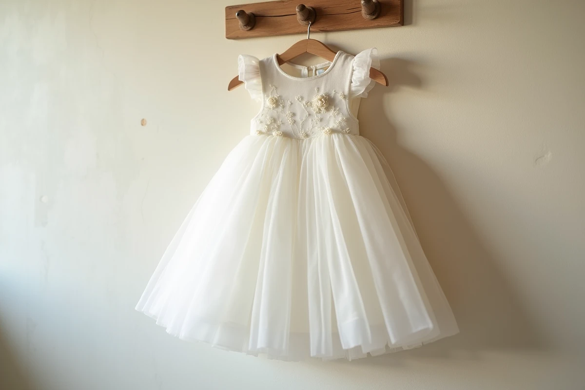 Robe de baptême bébé en tulle blanc suspendue à un cintre en bois sur un mur rustique, détail des broderies florales et des couches de tissu aérien