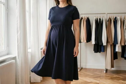 Femme ronde portant une robe empire fluide en jersey marine qui affine la silhouette en mettant en valeur la poitrine sous la poitrine