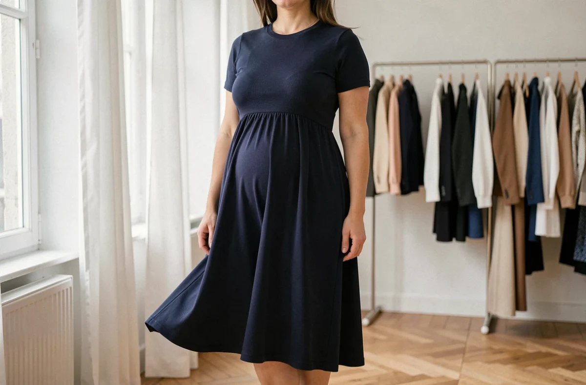 Femme ronde portant une robe empire fluide en jersey marine qui affine la silhouette en mettant en valeur la poitrine sous la poitrine