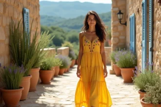 Femme portant une robe d'été jaune bohème à broderies florales sur une terrasse en pierre provençale avec des pots de lavande